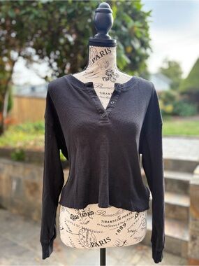 TNA Black Waffle Knit Henley Long Sleeve Top